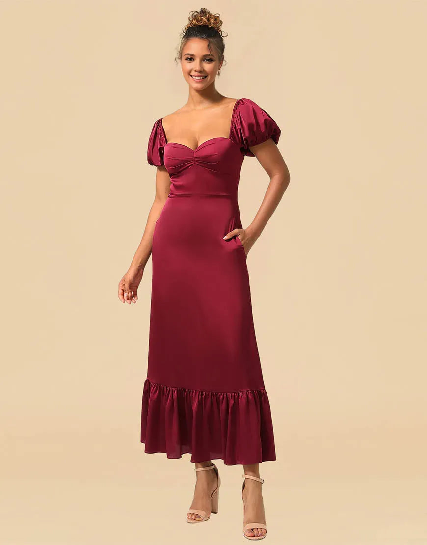 Wholesale Sheath Tea Length Puff Sleeves Satin Bridesmaid Dresses With Split Bridesmaid dress shop